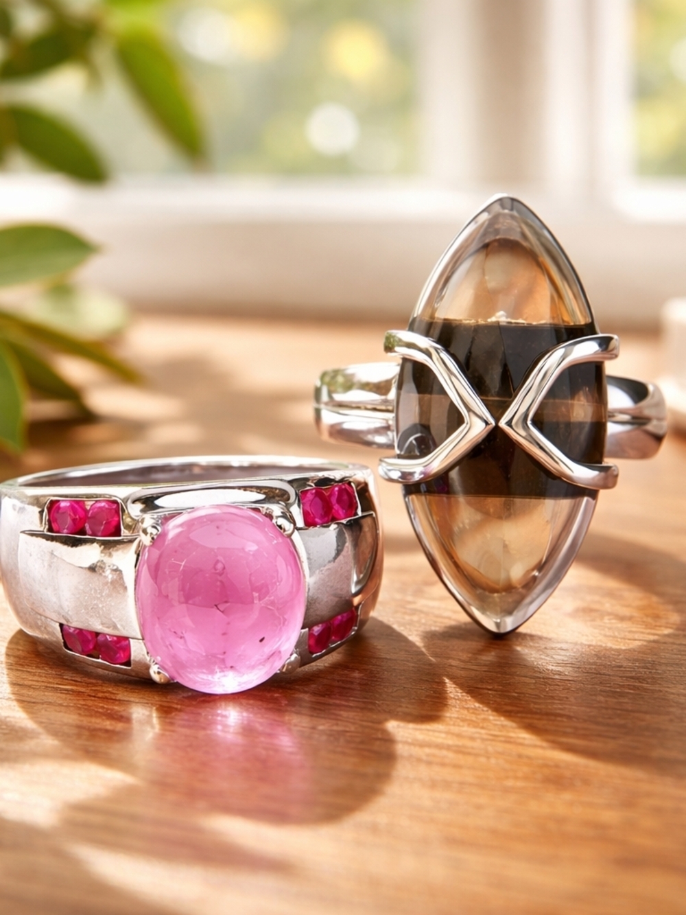 Sterling Silver Smoky Quartz and Silver Plated Ruby Rings Bundle Sizes 7 1/2
